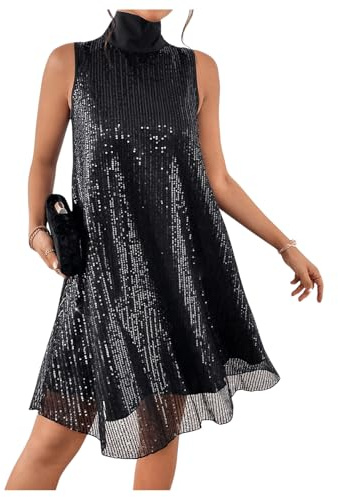 Floerns Women's Contrast Sequin Sleeveless Tank Dress High Neck Bow Shiny Party Dress Black Large
