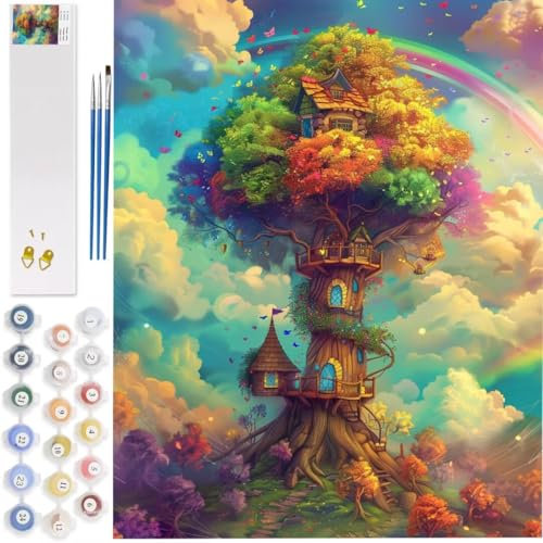 Peinture par Numero Adulte Cabane Dans Les arbres Paint by Numbers Fantaisie Peinture Numero Enfant Loisirs Créatifs, Numero D'art Peinture Kit Creatif Adulte pour Decor Room, 80x100cm Sans Cadre,9089