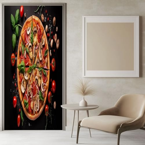 Puerta Pegatina Patrón De Pizza 95x215 cm Negro 3D Puerta Principal PVC Adhesivo Fotográfico Vinilos Puerta Pegatina Pared Murales para Cocina Sala de Baño Decorativos