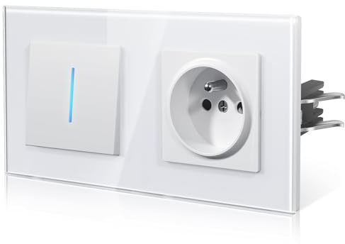 BSEED Interrupteur de lumière avec prise en verre, interrupteur mural avec griffe, Fils à connexion rapide pour une installation rapide, nouvelle série E, 1 Gang 1 Voie, Blanc 157mm