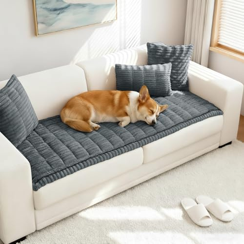 LUSCHEER Thick Sofa Covers 1 2 3 Seater, Soft Corduroy Universal Non-Slip Corner Couch Cover L Shape Sectional Seat Sofa Slipcovers Furniture Protector for Living Room (Dark Grey, 70x150cm)