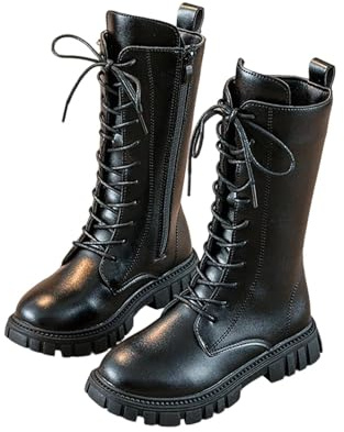 Girls Lace Up Riding Boots Mid Calf White Combat Knee-High Boots PU Leather Waterproof Fall Winter Side Zipper Punk Goth Boot Fashion Non Slip Cowgirl Fleece Lined Solid Color 4-12 Years