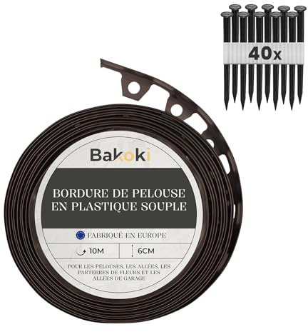 BAKOKI Bordure de pelouse Flexible (10 m | 40 piquets d'ancrage | 6 cm de Hauteur) - en Plastique Marron résistant aux intempéries - Bordure de Parterre de Fleurs - Bordure de Tonte