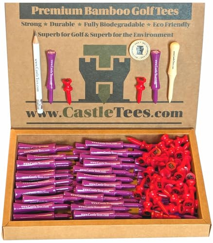 Castle Tees Official Purple Tees 50 pcs x 65mm (Unique Size) + Red Tees 40 pcs x 32mm Premium Bamboo Golf Tees with a Free Pitch Repair Tool, Ball Marker & Pencil. Very strong Great Golf Gift.