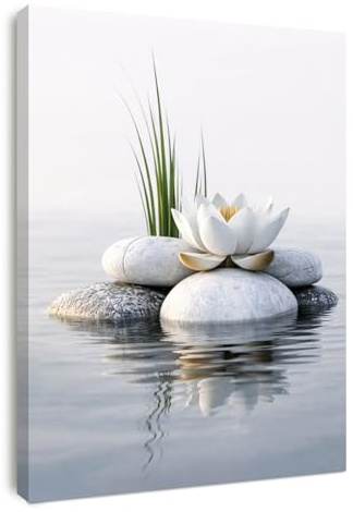 Alptiny Cuadros murales de salón loto sobre piedras 30 x 40 cm, lienzo enmarcado con marco de madera de pino, arte de pared zen con cinta de , impresión HD, no destiñe y resistente a la humedad