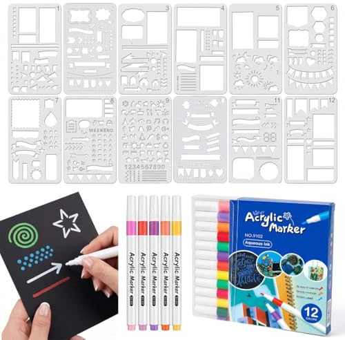 ZENQARI 12 Pezzi Stencil per Pittura + 12 Pennarelli Bullet Journal Set di Modelli Riutilizzabili Forniture per Bullet Journal per la Decorazione di Diari e Album Fotografici (Bianco)