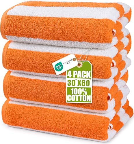 Utopia Towels Cabana Beach Towels 76x152cm, 4 Pack, Cotton, Striped, Orange | Oversized Lightweight, Ring Spun Cotton, Large Pool Towels, Soft and Quick Dry Swim Towels, Lightweight , Machine Washable