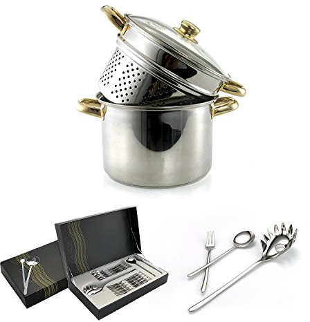 Conjunto Olla y Cubiertos (17 piezas) Colección Pasta Chef en Acero Inoxidable Ideal para Comida Vegetariana o Vegana, Inducción NO