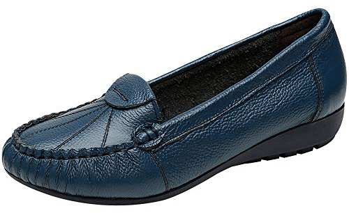 ANUFER Mujer Piel Genuina Suave Bailarinas Suela Ponerse Tacón de Cuña Bajo Mediana Edad Zapatos para Caminar Azul SN02450 EU38.5