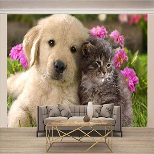 Papel Tapiz No Tejido Papel Tapiz De Perro Y Gato Lindo Papel Tapiz Fotográfico En 3D Papel Tapiz Con Motivo Pared Pintado Papel Tapiz 3D Decoración Dormitorio Fotomural Sala Sofá Mural-200cm×140cm