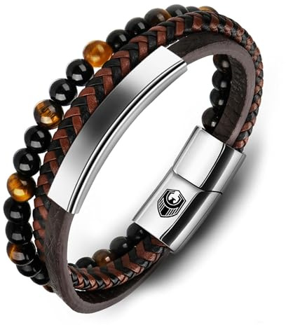 SHIEAGLELD Bracelet Homme Cuir Bracelets pour Homme avec Magnetique Boucle en Acier Inoxydable et Boîte à Bijoux Bracelet Exclusive pour l'idée de Cadeaux pour Hommes, Marron et Argent 19.5CM