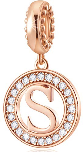 CHAWIN Initial A-Z bokstavsberlock, alfabetsberlocker, roséguld, autentiska 925 sterling silver berlocker passar Pandora Charm armband, halsband, cirkel hängande berlock för kvinnor, flickor, glittrande klar sten, Kubisk zirkonia