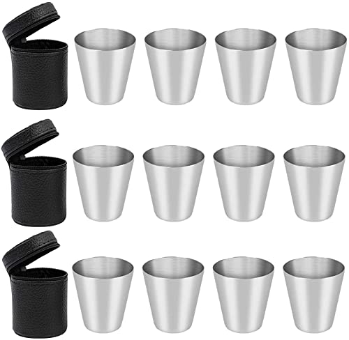 CYH Vasos de Chupito de Acero Inoxidable, 12 Piezas Vaso de Metal Apilable y Portátil Reutilizables con 3 Piezas Funda de Cuero para Camping Viaje Senderismo Acampar