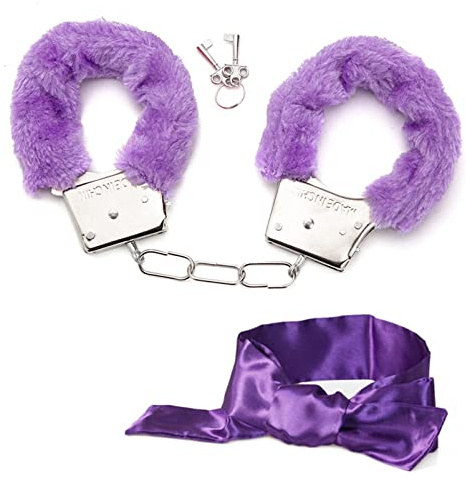Metal Handcuffs with 2 Keys,Satin Blindfold Fluffy Handcuffs Play, Cosplay Costume Props for Cosplay,Handcuffs Prop Dress Ball Party (Red) (Purple)