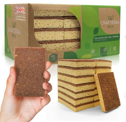 Washing up Biodegradable Dish & bathroom eco cleaning sponges. New, Sustainable natural Cellulose & Copper Infused Antibacterial Sisal Sponge. Vegan Scrubbers scourers dishes Kitchen Accessories. 15PC