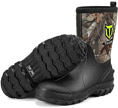 TIDEWE Rubber Boots for Men, 5.5mm Neoprene Insulated Rain Boots with Steel Shank, Waterproof Mid Calf Hunting Boots, Sturdy Rubber Work Boots for Farming Gardening Fishing (Next Camo G2 Size 10)