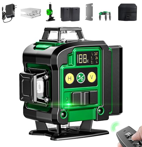 Nivel Laser Autonivelante Verde, 4 x 360° 16 Líneas Nivel Laser 360 Grados para Interiores y Exteriores, con 2 Pilas, Mando a Distancia, Base Magnética- TrueLine