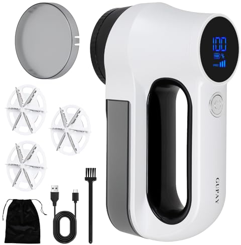 GUPAY Electric Lint Remover, Rechargeable Fabric Shaver for Clothes Furniture Sweater with 3-Speed, 6-Leaf Blades LED Display Lint Shaver Bobbles Debobbler for Couch Blanket Plush Toys