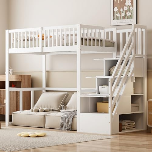 NNJN Cama alta con escalera de almacenamiento de seguridad, marco de cama de pino macizo, para niños y adolescentes, 90 x 200 cm (blanco)