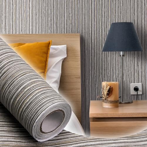 WADILE Papel Pintado Autoadhesivo con Rayas de Efecto Lino – Vinilo Adhesivo para Pared con Textura de Tela, Ideal para Dormitorio, Salón y Oficina, Gris Claro, 40cm x 1000cm