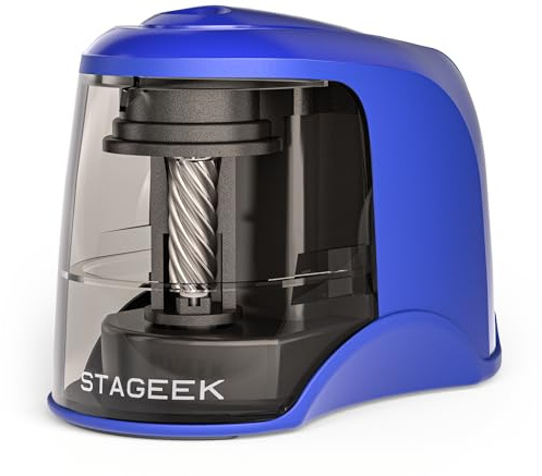 STAGEEK Sacapuntas eléctrico, enchufable o funciona con USB/pilas. Funciona con lápices de colores n.º 2 (6-8 mm). Ideal para la escuela, aula, oficina, hogar, color azul