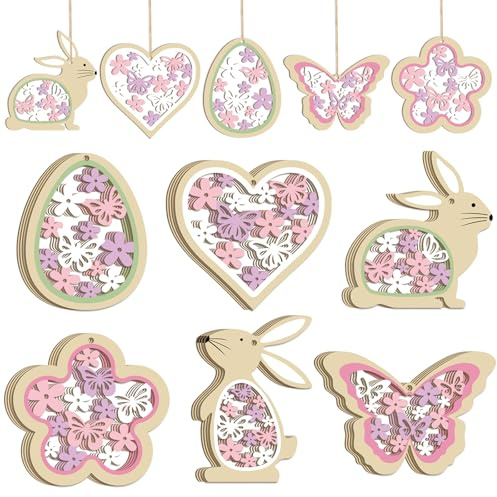 24 unidades de decoración de Pascua para colgar, decoración de primavera, colgante de madera, conejo de Pascua, huevos de Pascua, mariposas, flores, decoración de Pascua (rosa