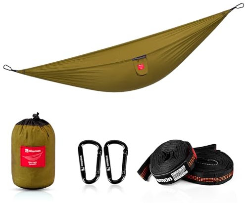 Outdoor Hängematte Nylon Camping Reisehängematte - Ultraleicht Reise Hängematte Mit Zwei Baumgurten,270 * 145cm für Camping Backpacking Wandern Picknick Garten Strand(Khaki)