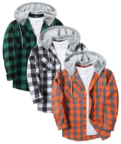 JACKETOWN 3 Pack Men's Plaid Shirts Long Sleeve Casual Hooded Flannel Shirt Multipack Work Checked Shirts Adult 4 Seasons Lightweight Button Down Hoodie with Pocket