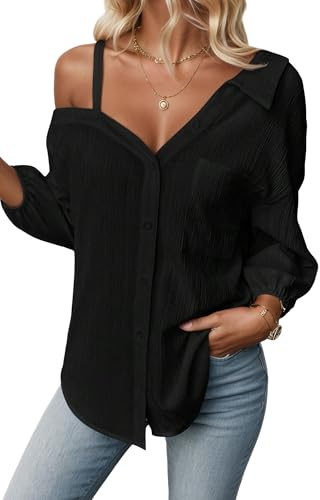 Adigau Women Casual 3/4 Sleeve Shirt Summer Off Shoulder Shirts Elegant Button Down Blouse Spring Loose Blouses Fashion Solid Color Top S-XL
