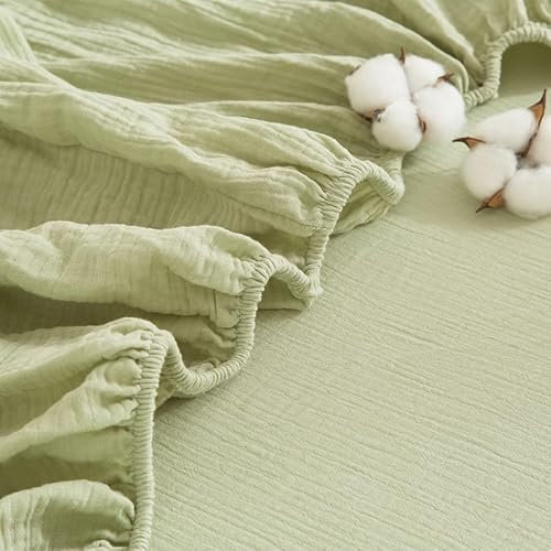 Sábana bajera ecológica de 100 % muselina de algodón 180 x 200 cm, suave, hipoalergénica, termorreguladora, color verde, para colchones de hasta 30 cm, ropa de cama perfecta para el verano