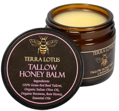 Terra Lotus - Organic Grass-Fed Beef Tallow Balm with Raw Honey - Moisturizing Cream for Soft, Smooth Skin - Handmade All-Natural Moisturizer (2 Oz, Lavender)