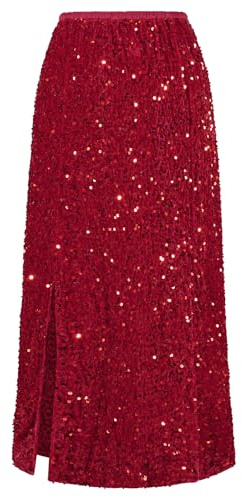 Kyzoeyou Jupe en velours à paillettes pour femme, taille haute, moulante, ourlet fendu, robe midi pour fête, club, soirée, R-rouge, S