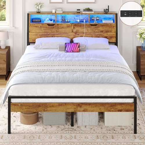 Brinlawb Struttura Letto 120x200 cm, Letto Una Piazza e Mezza con Luce LED e Stazione di Ricarica (2 prese CA, 1 presa USB, 1 presa Type-C) Robusta Struttura Metallica del Letto, Marrone Vintage