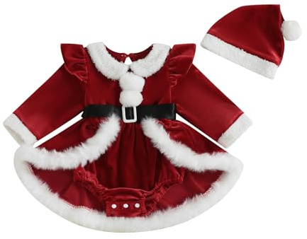 Carolilly Ensemble de Noël pour Bébé Fille, Robe en Velours avec Bonnet, Rouge/Vert/Bleu, Style Père Noël (Rouge, 6-9 Months)