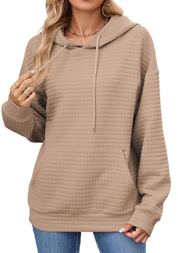 iChunhua Waffle Hoodies for Women UK Plain Long Sleeve Lightweight Loose Hooded Top With Pocket