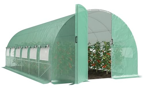 Outsunny Invernadero de Exterior 6x3x2 m, Invernadero de Túnel con Puerta con Bisagras, Ventanas de Malla, Cubierta PE 140g/m² y Marco de Acero Galvanizado, Anti-UV, Impermeable, para Cultivos, Verde