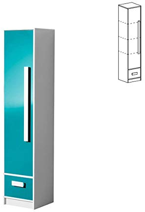 Furniture24 Schrank mit RegalenGULIVER 04 Drehtürenschrank Hochschrank Regal mit Tür Kinedzimmer 1 Türiger Jugendzimmerschrank mit Schublade (Weiß/Türkis Hochglanz)