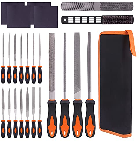 Keadic 24 Pcs Carbon Steel Hand Metal File & Needle File Tool Set with Sanding Paper, 4 Ways Wood Rasp File and Wire Brush, Precision Flat/Triangle/Half-round/Round Large File for Shaping Metal, Wood