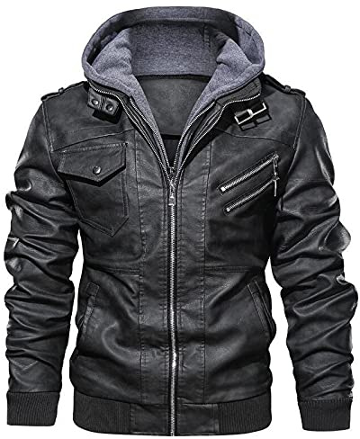 Blouson de moto bomber en similicuir PU pour homme avec fermeture éclair et col montant - Gris - Capuche - Coutures latérales - Grande taille - Ourlet droit décontracté, Noir , XXXXL