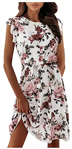 Kleid Damen Sommer, mit Blumen Festlich Curvy Strandkleid Blusenkleid Sexy Midi Schick A Linie Freizeitkleid Boho Kleid Elegant Kurzarm Leicht Luftig Knielang Sommerkleid Midikleid