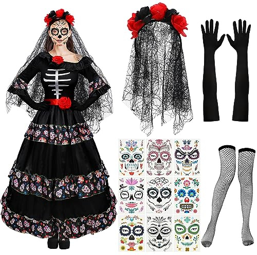 Xaatren 5 pezzi Costume da donna per Halloween con teschio nero gonna guanti calze tatuaggi viso velo corona floreale (grande)