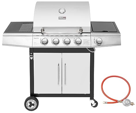 Royal Gourmet 4+1 Brenner Gasgrill Grillwagen mit automatischer Zündung,integriertem Thermometer und Unterschrank Edelstahl Brenner mit 14,5 kW Camping Gasgrill für Outdoor Barbecue Silber