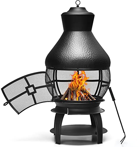 COSTWAY Terrassenofen, Terrassenkamin Feuerstelle Metall mit Funkenfluggitter & Schürhaken, Gartenofen Gartenkamin für Garten Hinterhof, 51 x 51 x 111 cm