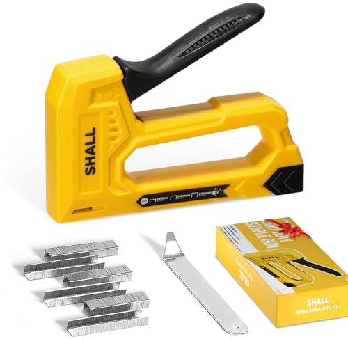SHALL Graffettatrice Leggera per Legno - Graffettatrice Gialla per Tappezzeria con 1600 Graffette JT21 da 1/4, 5/16, 3/8 e levapunti