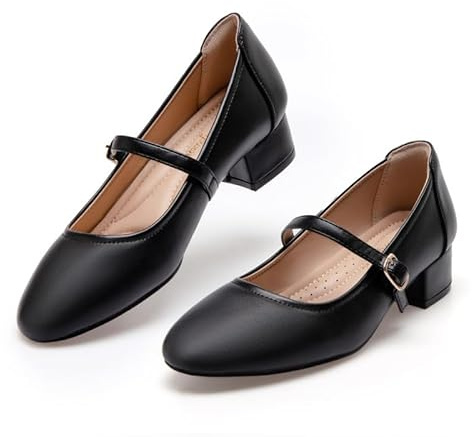 hingswink Mary Jane-skor för kvinnor, vita låga klackar, klänningsskor, pumps för kvinnor, uppklädd låg klack 5 cm tjock klack Mary Janes pumpar med justerbar ankelrem för kvinnor, uppklädd vardaglig