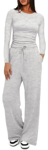 KOEMCY Tuta Donna 2 Pezzi Manica Lunga e Pantaloni Tute con Tasche e Coulisse Moda Sportiva da Jogging Casual Elegante Set per la Casa Fitness (Grigio chiaro/S)