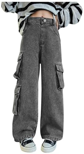 Jean Cargo Baggy Ado Fille Y2K 4-14 Ans Pantalon Jambe Large Fluide Fille avec Poche Vintage Ample Pas Cher Confortable Mignon Casual Sport Streetwear (Grey, 8-10 Years)