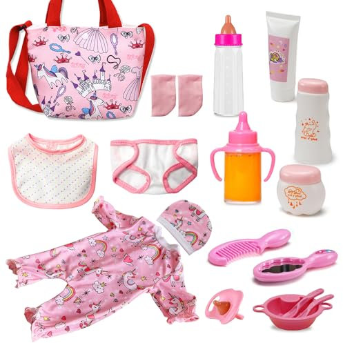 Toclsixz Puppenzubehör für Baby Puppe, Puppen Zubehör mit Puppenkleidung, Puppe Schnuller,Puppen wickeltasche,Geschenk für Mädchen