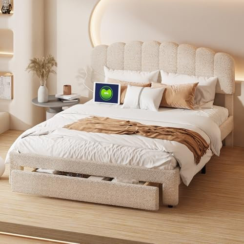 BPKADHY Polsterbett 160x200 cm Doppelbett mit 1 Schublade und Lattenrost, höhenverstellbarem Kopfteil mit USB-C-Ladefunktion – Bett Stauraumbett Rückenlehne Bettgestell, Teddy Velvet, Beige