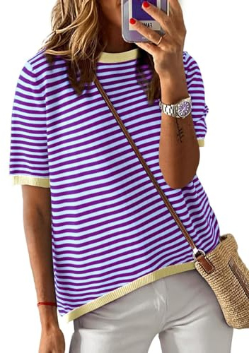 Cuptacc Camiseta de algodón para mujer, camiseta de verano a rayas, cuello redondo, básica, manga corta, túnica, elegante, color blanco y negro, morado, L
